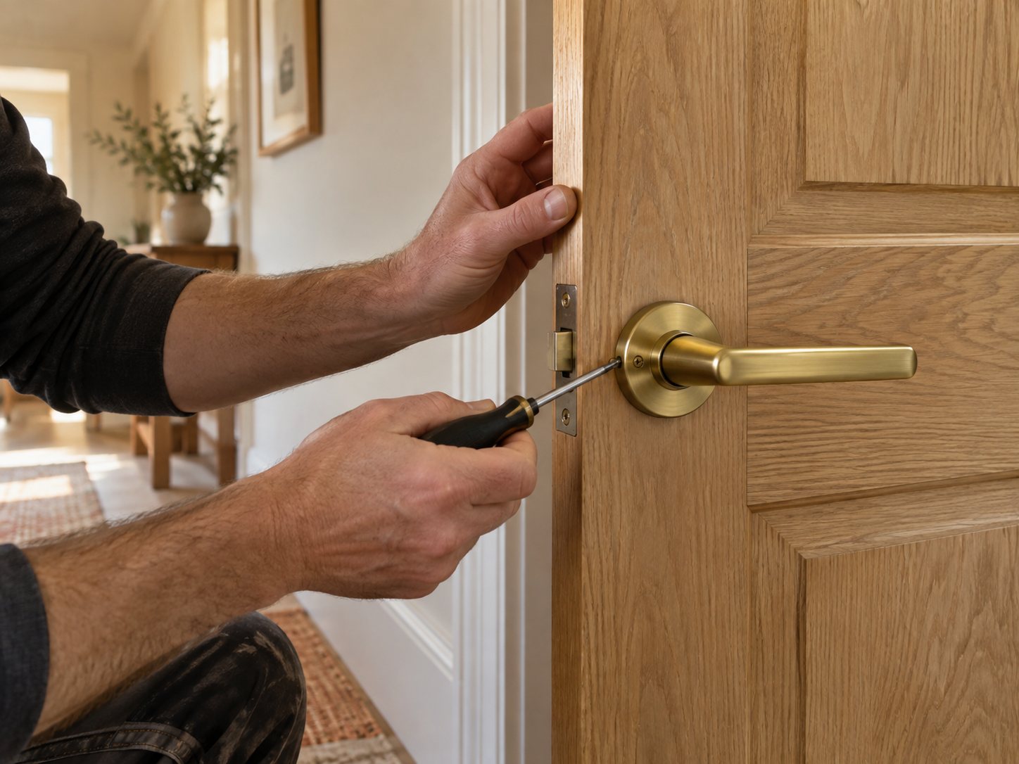 Close detail of a handyman adjusting a brass door handle